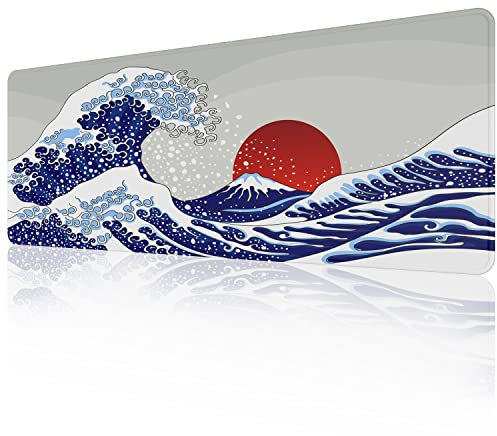 EFISH Japan Art Kanagawa Surfing Mouse Pad (31.5 × 11.8 × 0.12 inch) Extended Large Mouse Mat Desk Pad, Stitched Edges Mousepad,Non-Slip Rubber Base,Keyboard Pad,XL Gaming Mouse Pad