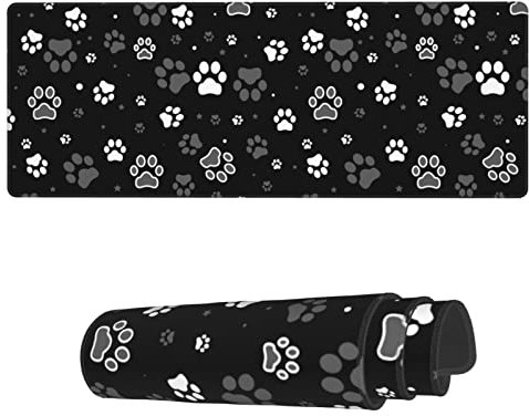 Famame Tapis de souris pour ordinateur portable Motif pattes de chien noir et blanc avec bords cousus 80 x 30 cm Grand tapis de table en caoutchouc antidérapant pour bureau maison