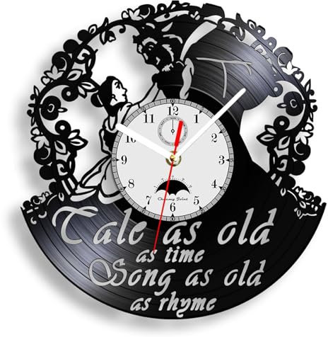 Viiluuxr Vinyl Schallplatten Uhr 30 cm Die Schöne und das Biest Wall Clock Ausgefallene Wanduhren Analoge Kinderzimmer Wanduhr ohne Tickgeräusche Karikatur Deko Wohnzimmer Kreativität Kinderwanduhr.