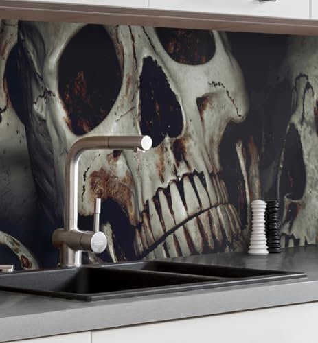 MyMaxxi Küchenrückwand Folie selbstklebend matt - einfache Montage ohne Bohren 0,4mm stark Versteift - Motiv Totenkopfgrube grau 60cm hoch - Spritzschutz Küche Klebefolie ? Skelett Schädel 220 x 60cm