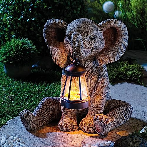 Coopers of Stortford - Elephant Solar Lantern, LED Garden Ornament - Outdoor Polyresin Statue with Warm White Light, Weatherproof 28.5cm