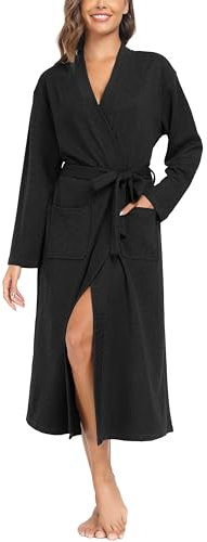 Sopesil Peignoir en Coton Pour Femme, Kimono Nuit Col en V Longues Manches Avec Poches, Noir, M