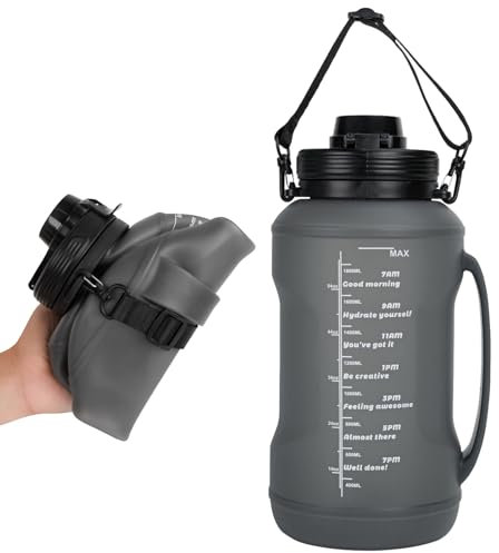 JRing Water Bottle 2L Sports Water Bottle, Time Maker Collapsible Sport Bottle with Straw and Handle for Gym Travel Hiking Camping Outdoor Cycling - Black