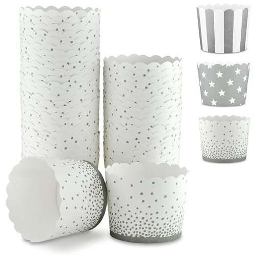 Frau WunderVoll® 50 Muffin Backformen weiß, grau Konfetti Punkte, Durchmesser 6,1 cm/Muffins Muffinbackform Muffinform Form Backförmchen Cupcake Formen Förmchen Papier Cupcakeformen