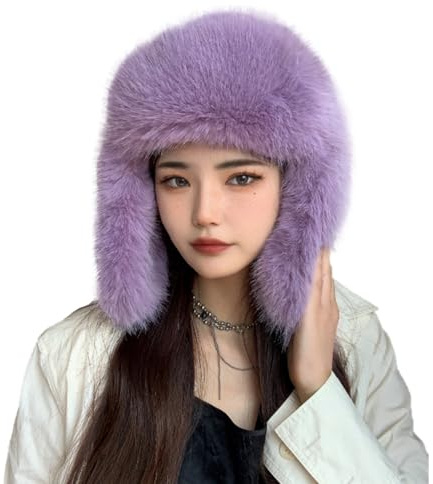 BSYLOO Lussuoso cappello da donna in pelliccia di visone sintetico,Cappello invernale da donna semplice di colore puro,Cappello caldo peloso Ushanka, Viola, S-XL