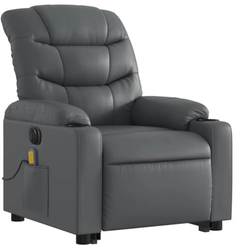 vidaXL Massagesessel, Sessel mit Aufstehhilfe Elektrisch, Relaxsessel mit Liegefunktion Vibrationsfunktion, Fernsehsessel Liegesessel Aufstehsessel, Grau Kunstleder