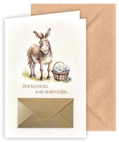 KE - Geldschein Geburtstagskarte, inkl. Umschlag, DIN B6 Format, Happy Birthday Karte mit Geldgeschenkfach, braun, Motiv: Esel