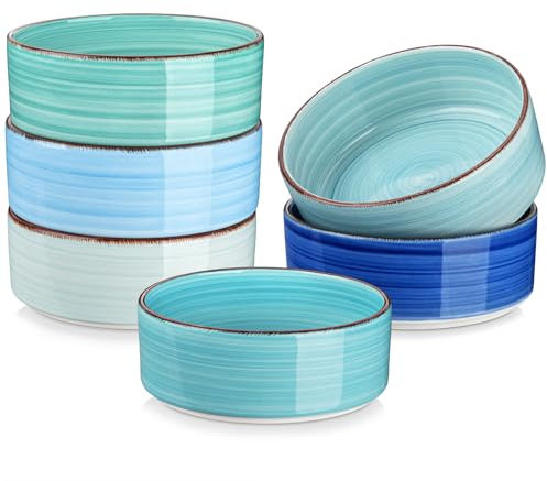 vancasso Bonita 6 Cuencos de Cereales, 750 ml, Pintados a Mano de Estilo Azul, Cuencos de Postre de 15.3 cm, Juego de Tazones de Gres para Desayuno, Pasta, Sopa, Apto para Lavavajillas y Microondas