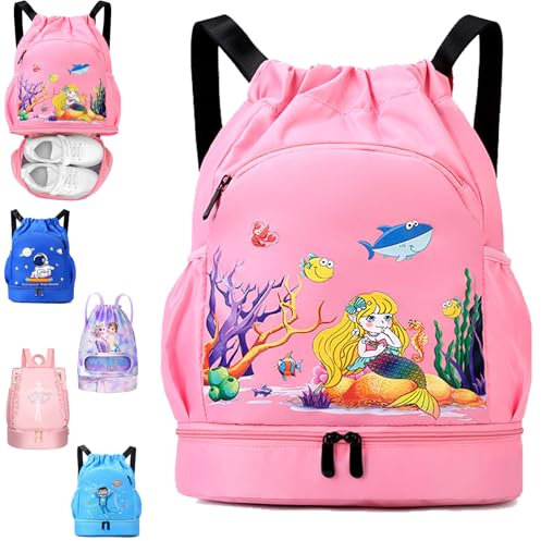 YOUYIKE Schwimmtasche Kinder, Meerjungfrauen Sportbeutel Mädchen mit Kordelzug, Wasserdichter Rucksack mit Bodenfach, 30 * 16 * 42 cm Große Kinder-Turnbeutel Rosa