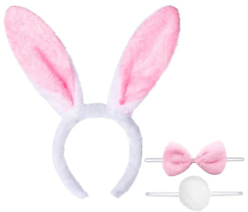Ensemble Déguisement de Lapin Serre-tête d`oreille de lapin+Cravate en forme de nœud papillon+Queue en Peluche Costume Enfant Adulte pour Cosplay Fête Carnaval Halloween Anniversaire