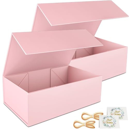 2 Pack Geschenkbox, 24x15x7.6cm Geschenkboxen für Presents with Lids Magnetic Closure Rectangle Collapsible for Groomsman Proposal Box, Christmas, Halloween, Birthday Gift Packging (Rosa)