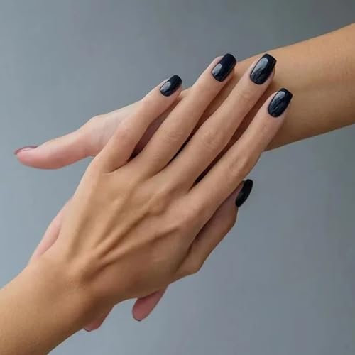 HaoTrade 24Pcs Short Press on Nails Black, French Tip False Nail, Glossy Square Fake Nail, Acrylic Full Cover Fake Removable Glue Stick on Nails for Women and Girls