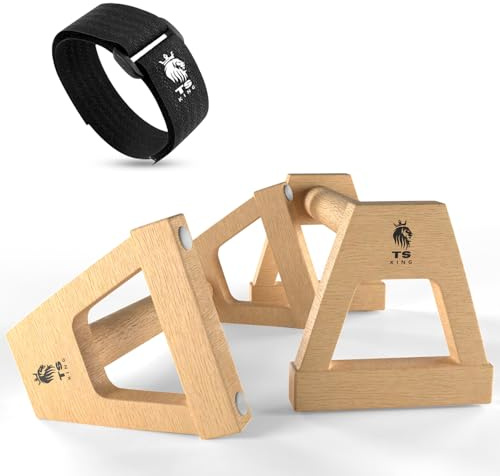 TS King Liegestützgriffe Holz (2er Set) – Ergonomische Parallettes & Push Up Bars aus FSC Buchenholz – Belastbar bis 300 kg, Rutschfest & Gelenkschonend – Calisthenics Equipment inkl. Klettband