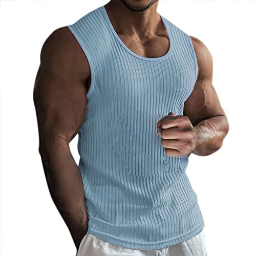 BOTCAM Gilet da uomo, senza maniche, girocollo, aderente, con filo sportivo, alla moda, canotta larga, Blu, M
