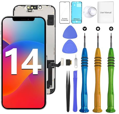 ATEVENSE Geeignet für iPhone 14 Bildschirm Ersatzkit 6,1 LCD Display 3D Touch IPS FHD COF Vollständige Montage Edelstahl Reparaturset Wasserdichter Rahmenaufkleber+Panzerglas