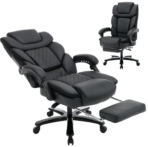 KCREAM Bürostuhl 200kg Belastbarkeit, Ergonomischer Chefsessel mit Fußstütze, PU Leder Großer Bürostuhl Drehstuhl mit Rollen, Chefsessel mit Verstellbarer Lendenwirbelstütze, Schwarz