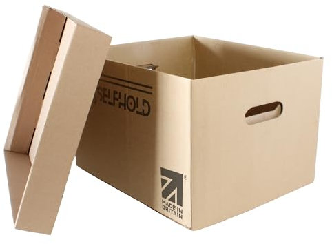 SelfHold Archive Box with Lid (36.5cm x 27.5cm x 23.5cm) - Single Wall Boxes for Moving House with Handles, Bankers Box, Storage and Moving Boxes *Made in Britain* (5)