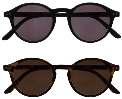 OPULIZE REY Lese-Sonnenbrille - 2er-Pack - Runder Retro-Rahmen - Mattschwarz & Braunes Schildpatt - Herren Damen - Federscharniere - SS56-12 - +3.00