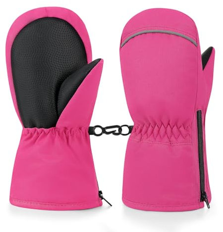 MoKo Kinderhandschuhe - Winterhandschuhe & Fäustlinge für Kinder, Winddicht und Wasserdicht, Skihandschuhe für Outdoor Snowboard, Jungen & Mädchen von 6-8 Jahren, M, Rosa Rot