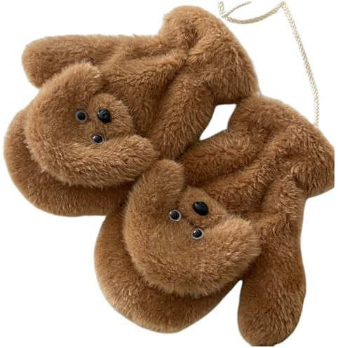 ITODA Moufles d'Hiver pour Femme Homme Gants Chauds Doublure en Polaire Moufles d'Hiver avec Motif d'Animal en 3D Mitaines d'Hiver avec Corde Moufles Thermique pour Randonnée Voyage Ski Vélo, Marron