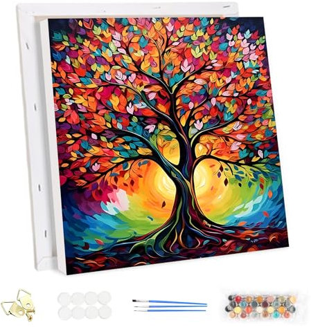 MEIYUDA Peinture par Numero Adulte avec Cadre Arbre de vie, DIY Peinture Acrylique pour Adultes Débutants Peinture par Numero Adulte, Facile sur Toile Avec Peintures et Pinceaux Maison Cadeau 30x30cm
