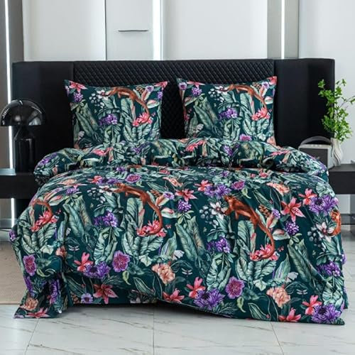 Cotton Market Bettwäsche 200x200 cm - Bettwäsche Mikrofaser Baumwolle - Herbst Bettwäsche-Sets 3 Teilig mit Reißverschluss - Blumen Bettbezug mit 2 Kissenbezug 70x80 cm - Äffchen/Grün