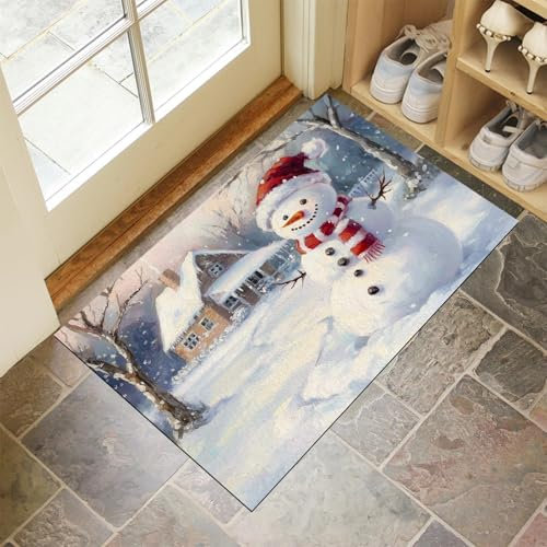 MULERN Fußmatte Schmutzfangmatte - 50X80Cm Waschbar Wasserdicht Robust Teppich, Schneemann Mit Schal Antirutsch Willkommens Fussmatte Für Eingang, Haustür, Flur, Küche, Schlafzimmer Carpet