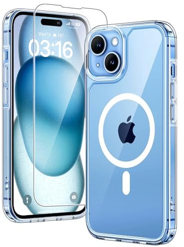 TAURI für iPhone 15 Hülle 6,1 mit Panzer Schutz Glas Folie, Kompatibel mit MagSafe, Schutz nach Militärstandard, [Anti-Vergilbung] Stoßfest Magnetisch Handyhülle - Durchsichtig