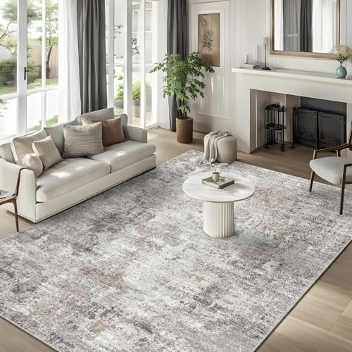 Waschbarer Teppich, 25,4 x 35,6 cm, groß, neutraler Wohnzimmerteppich, weich, modern, abstrakt, Schlafzimmerteppich, rutschfest, schmutzabweisend, für unter dem Esstisch, Beige/Grau/Braun