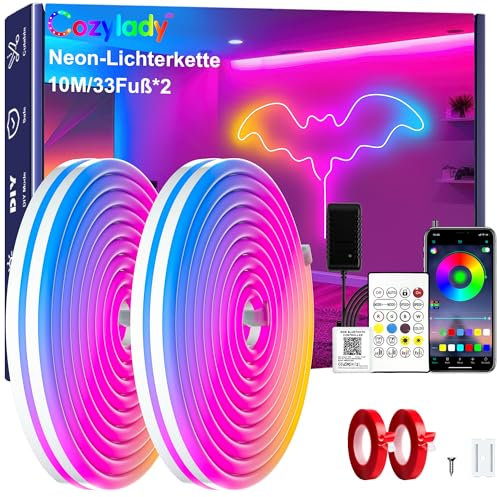 Cozylady 20M(2 Rollen 10M) RGB Neon LED Strip, Flexible Streifen Mit starkem Doppelklebeband ausstatten,24V LED Leuchtseile mit App/Fernbedienung anwendbar auf Schlafzimmer,Raum & Außendekoration.