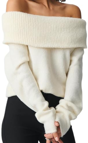SANSIWU Womens Off The Shoulder Sweater Y2K Oversized Long Sleeve Slouchy Knitted Loose Pullover Sweaters Tops Streetwear