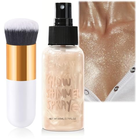 Champagne Gold Body Shimmer Oil Spray with Non-Sticky, Waterproof Formula. Lightweight, Face & Body Glow Illuminator. Includes Makeup Brush for Luminous Highlighter & Radiant Look
