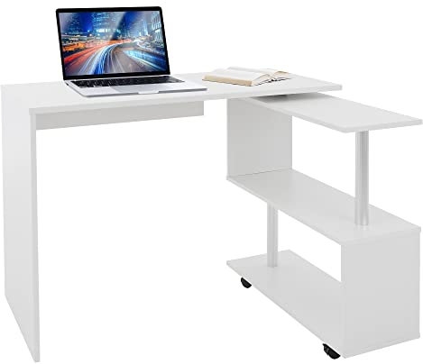 ML-Design Bureau d'angle Pivotant 90°, Forme de L, 150x88x75 cm, MDF Blanc Brillant, Combinaison Bureau d'angle/Table de Travail d'Ordinateur PC, 4 roulettes, Table Informatique Maison, Home Office