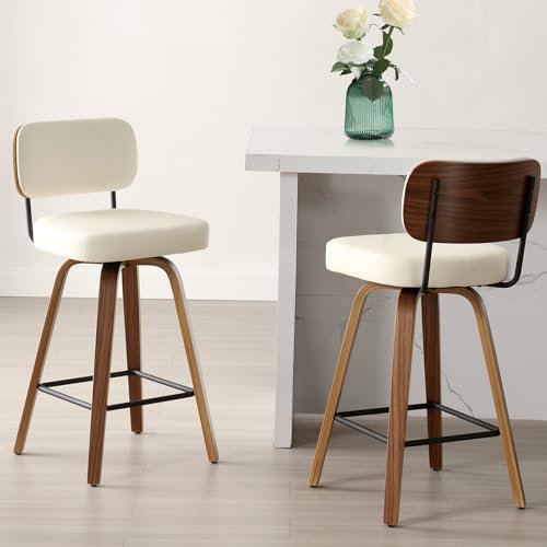 Bekrvio 360° Drehbar Barhocker 2er Set mit Lehne, 65cm Sitzhöhe Barstuhl Kunstleder & Massivholz, 4 Beine, Mid Century Tresenstuhl für Küche & Theke – Barstuhl Drehbar mit Rückenlehne