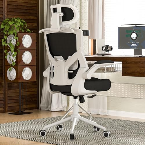 FOKESUN Ergonomischer Bürostuhl mit Verstellbarer Kopfstütze & Lendenstütze – Hochlehner Mesh-Schreibtischstuhl mit Schaumstoff-Sitz, Kleiderbügel & Verriegelungsfunktion (Schwarz mit weißem Rahmen)