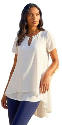 Roman Originals Ring Front Chiffon Overlay Tunic Top for Women UK - Ladies Everyday Autumn Winter Round Neckline Comfy Soft Evening Vacation Work Party Night Out - Ivory - Size 10