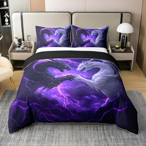 Dragon 100% Baumwolle Bettbezug 135x200 für Kinder Teens Erwachsene,Fantasy Dragon Bettwäsche Set,Romantische Paar Liebhaber Tröster Bezug,Lila Beleuchtung Bett Set mit 1 Kissenbezug für Zimmer