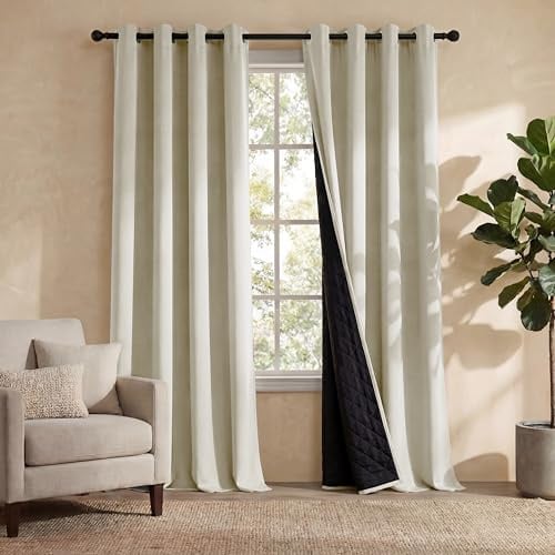 PONY DANCE Rideaux Isolant Thermique - Rideau Matelassé 100% Occultant Anti-Froid/Chaleur Anti-Bruit pour Fenetre Salon Chambre Porte, Tissu Opaque a Oeillets, Lot de 2, L140xH220CM, Beige Clair