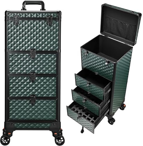 Stagiant Makeup Trolley Vanity Case Large Makeup Case Lockable Make Up Box Organiser with 3 Drawers Hairdressing Trolley on Wheels Beauty Nail Technician Cases Green