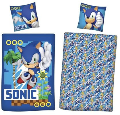 Aymax Sonic The Hedgehog Bettwäsche 2-teilig – 135x200 cm + 80x80 cm – 100% Baumwolle – Kinderbettwäsche Jungen – Wende-Design – Trocknergeeignet