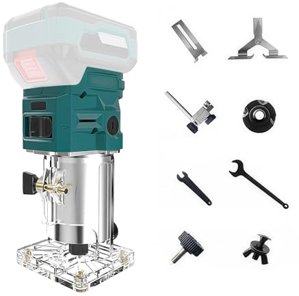 Roadtime Akku Oberfräse für Makita 18V Akkus(no Akku), Trimmer Einhandfräse 6-8mm Durchmesser,Kantenfräse Stufenlos Regelbar 28000 U/min,Holzfräser für Holz für Fasen, Nuten, Schneiden, Bohren