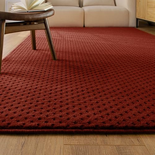 Wecon Home Castello Three Kurzflorteppich, 200 x 300 cm, Purpur rot | Kurzflor-Teppich aus Schurwolle, gewebt, Hoch-Tief-Streifen-Effekt, modern & gemütlich für Wohnzimmer, Schlafzimmer & Flur