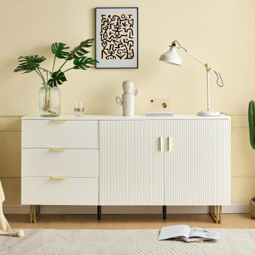 vutizal Sideboard Weiß mit 3 Schubladen & 2 Türen, Aufbewahrungsschrank mit goldenen Griffen & braunen Metallbeinen, MDF Kommode für Esszimmer & Wohnzimmer, 160x40x82 cm