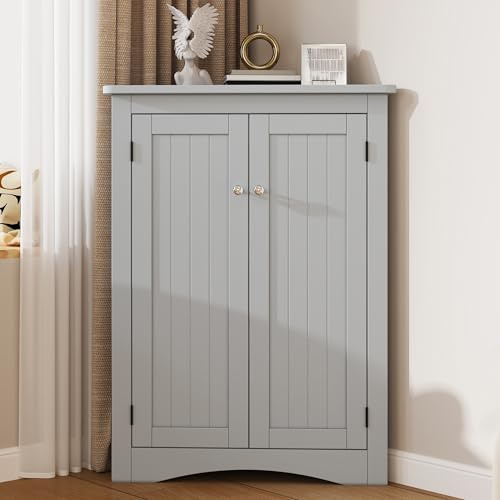 Eckschrank Badezimmerschrank Grau 90 cm Badmöbel Stehend MDF Lackiert Platzsparende Eckkommode mit 2 Türen & Fächern Viel Stauraum für Bad, Küche & Wohnzimmer
