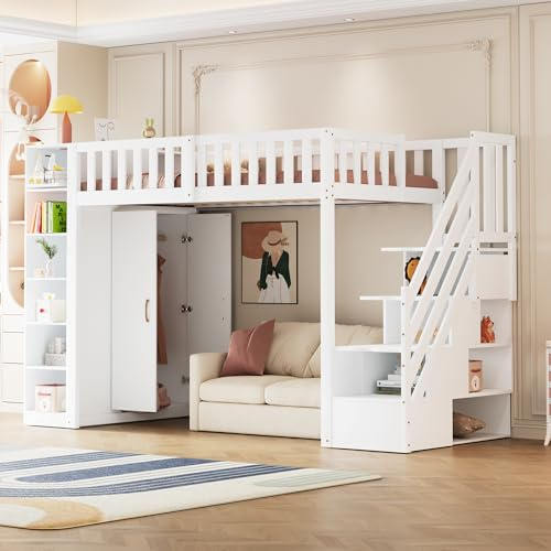 ZYLOYAL10 Multifunktionales Hochbett 90x200cm mit Regalen, Stauschrank und großem Kleiderschrank, Sicherheitsleiter mit Ablagefächern (Weiß)