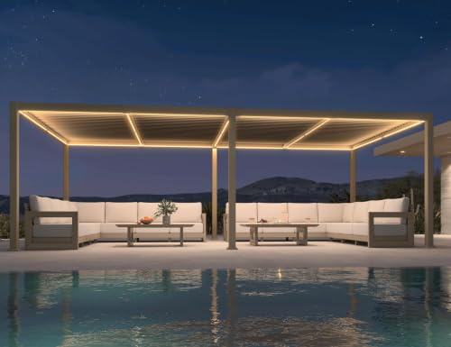 PURPLE LEAF Pergola Bioclimatique en Aluminium 3,5 × 7,2 m avec LED, Pergola Jardin Exterieur à Toiture Orientable, Anti-UV et Étanche, sans Entretien, Haute Stabilité, pour Terrasse, Champagne