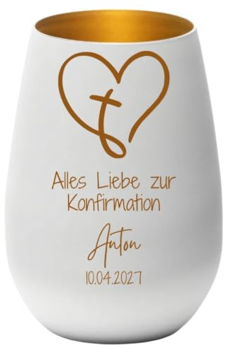 Windlicht Konfirmation | 9 Motive | personalisiertes Geschenk zur Konfirmation Mädchen & Junge | graviertes Windlicht mit Spruch, Name & Datum | Glas Teelicht schwarz weiß (Weiß, Motiv 1)