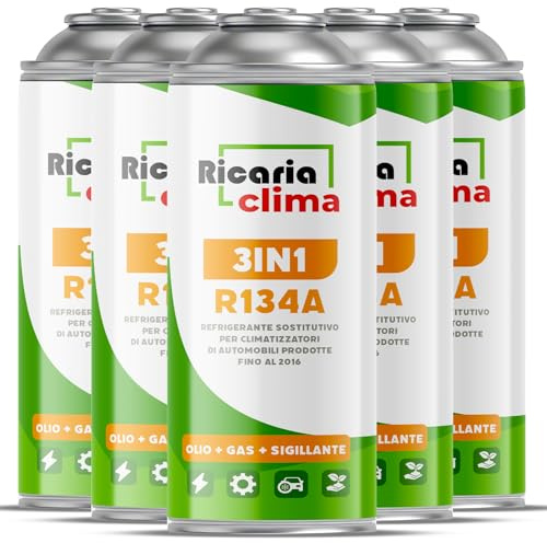 Ricaria Clima 3 en 1 – Gas refrigerante R134a de sustitución para aire acondicionado de coche con aceite y sellador de fugas – Lote de 5 botellas de 235 g – Aire acondicionado para autocaravanas – ECO