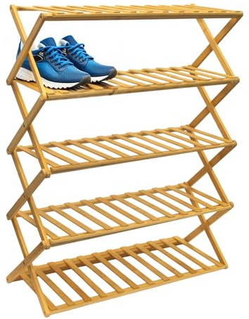 Spetebo Klappbares Bambus Schuhregal 5 Ebenen - 87x68x25 cm | Faltbares Schuhregal aus Holz platzsparend stabil ohne Montage Schuhablage für Flur Schlafzimmer und Keller