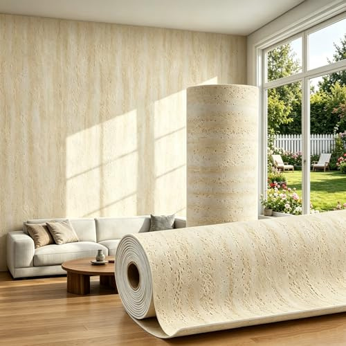 Generisch 6 Rollen 2.5mm Dicke Tapete Selbstklebende Isoliertapete Abnehmbar 3d Betonoptik Klebetapete Pvc Thermische Akustikpanel Wandfolie Wasserdicht Für Schlafzimmer Wohnzimmer,Beige,6 Rolls